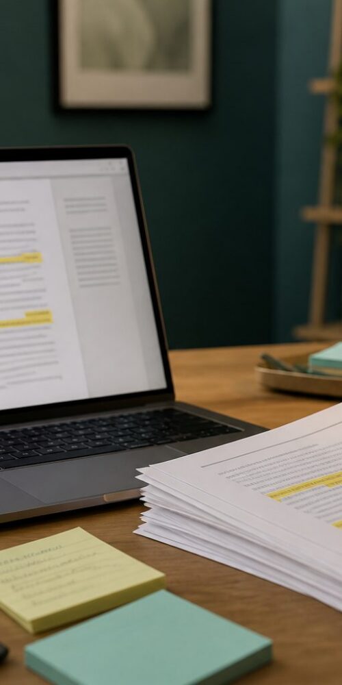 Marketing desk with article printouts, notes, and a laptop during a content refresh