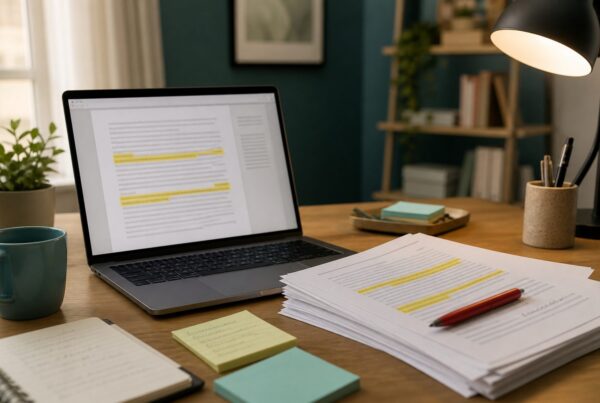 Marketing desk with article printouts, notes, and a laptop during a content refresh