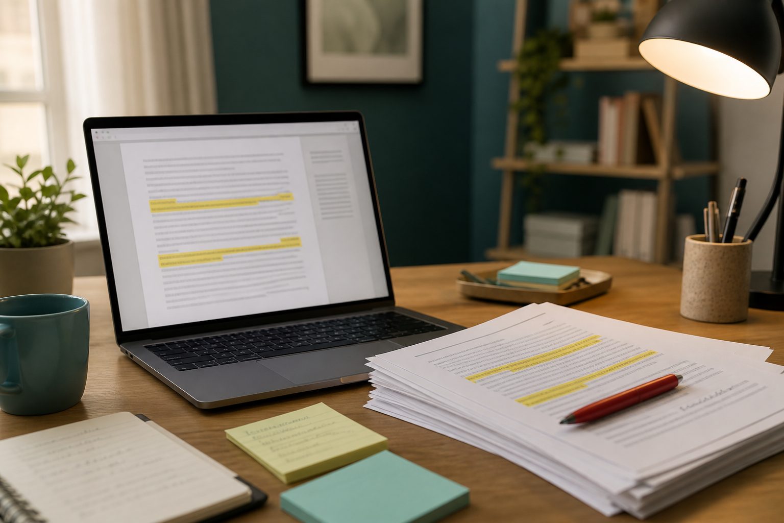 Marketing desk with article printouts, notes, and a laptop during a content refresh