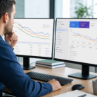 Marketer reviewing declining content performance charts on analytics dashboards