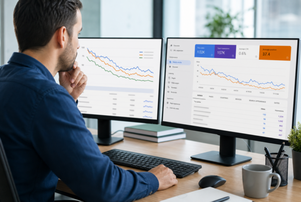 Marketer reviewing declining content performance charts on analytics dashboards