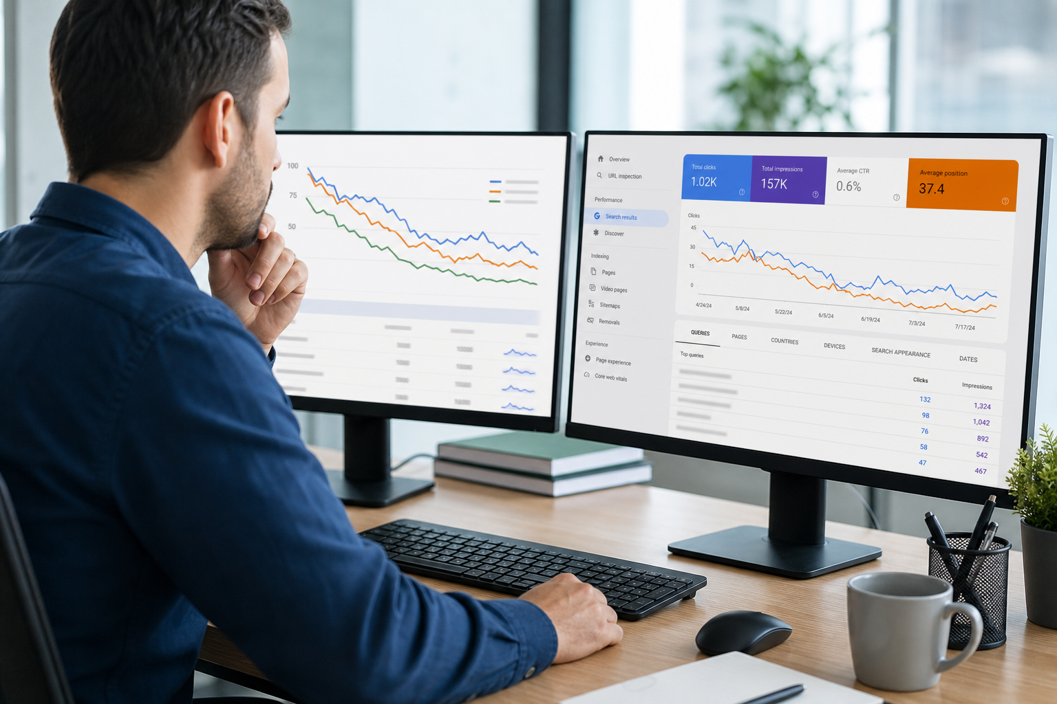 Marketer reviewing declining content performance charts on analytics dashboards