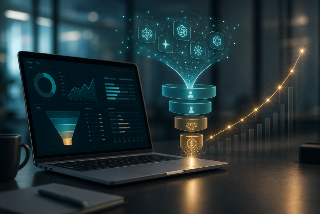 Business dashboard showing AI citations flowing into pipeline stages and revenue