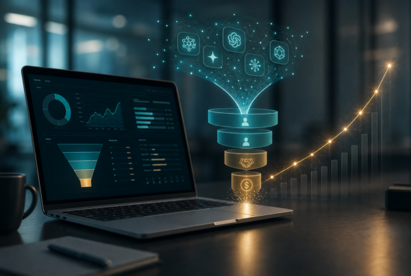 Business dashboard showing AI citations flowing into pipeline stages and revenue