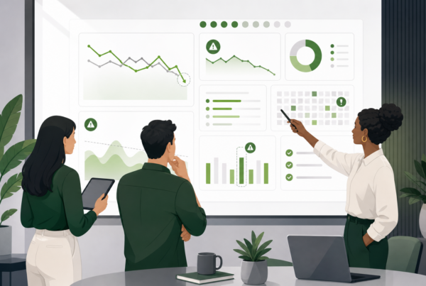 Marketing team reviewing content decay signals on an analytics dashboard