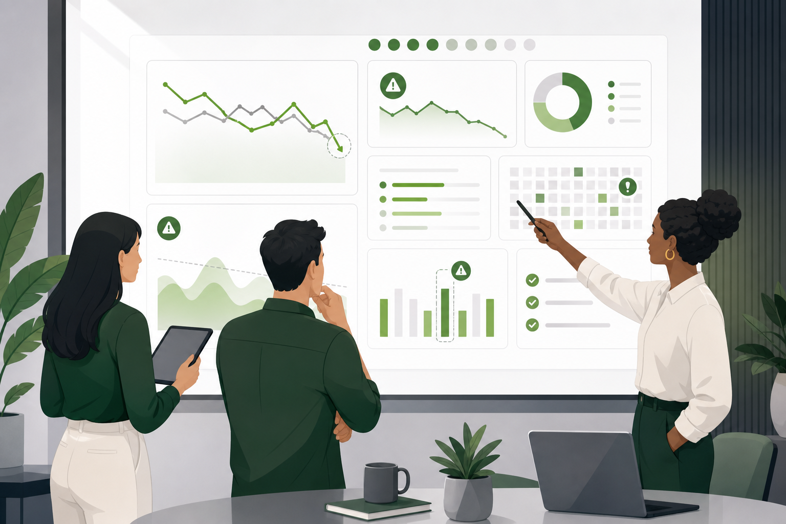 Marketing team reviewing content decay signals on an analytics dashboard